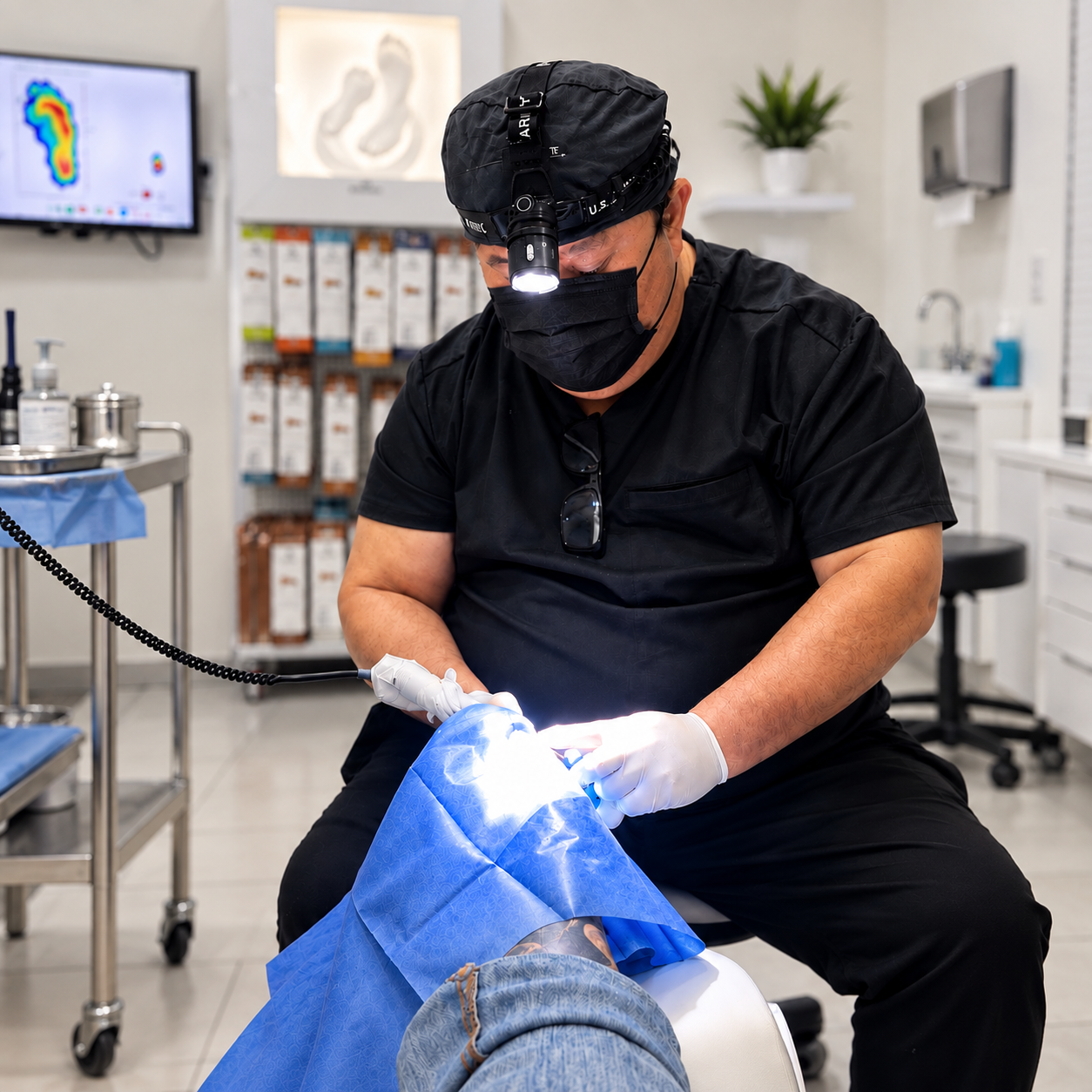 Médico especialista realizando un procedimiento láser en clínica de salud del pie