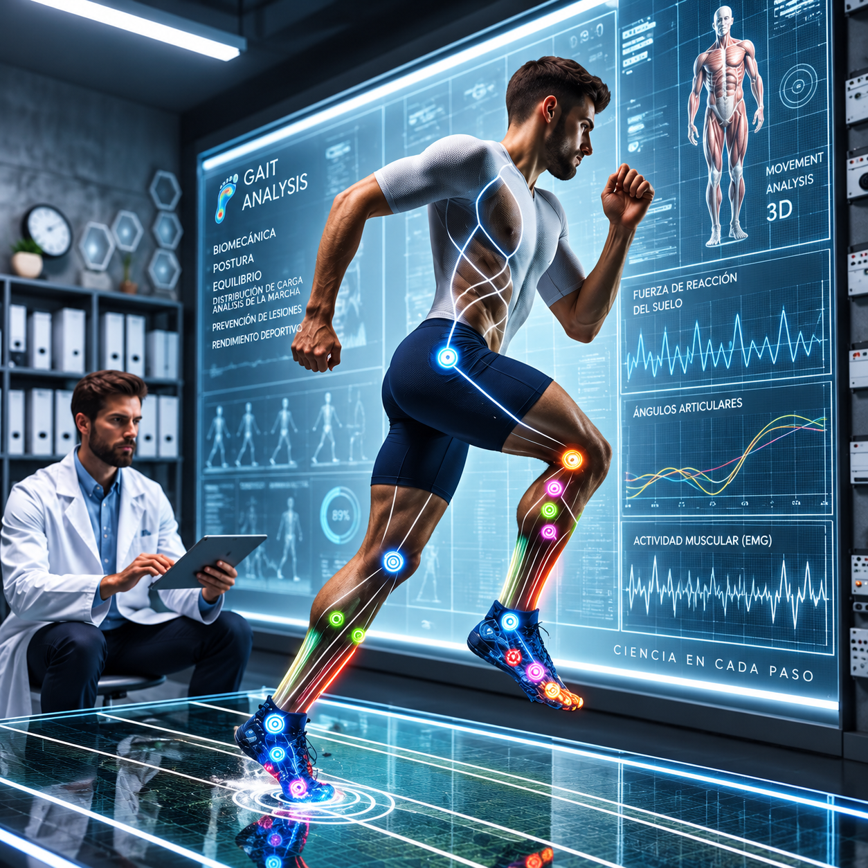 Atleta en laboratorio de análisis biomecánico de la marcha