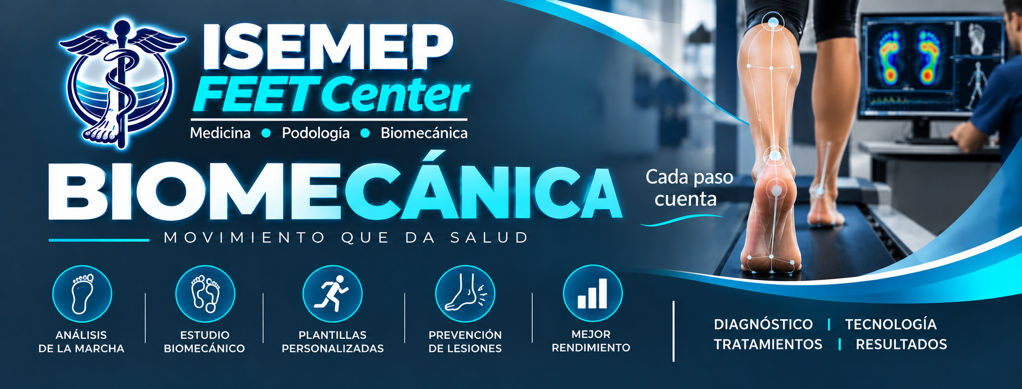 Banner de biomecánica con análisis de la marcha y plantillas personalizadas