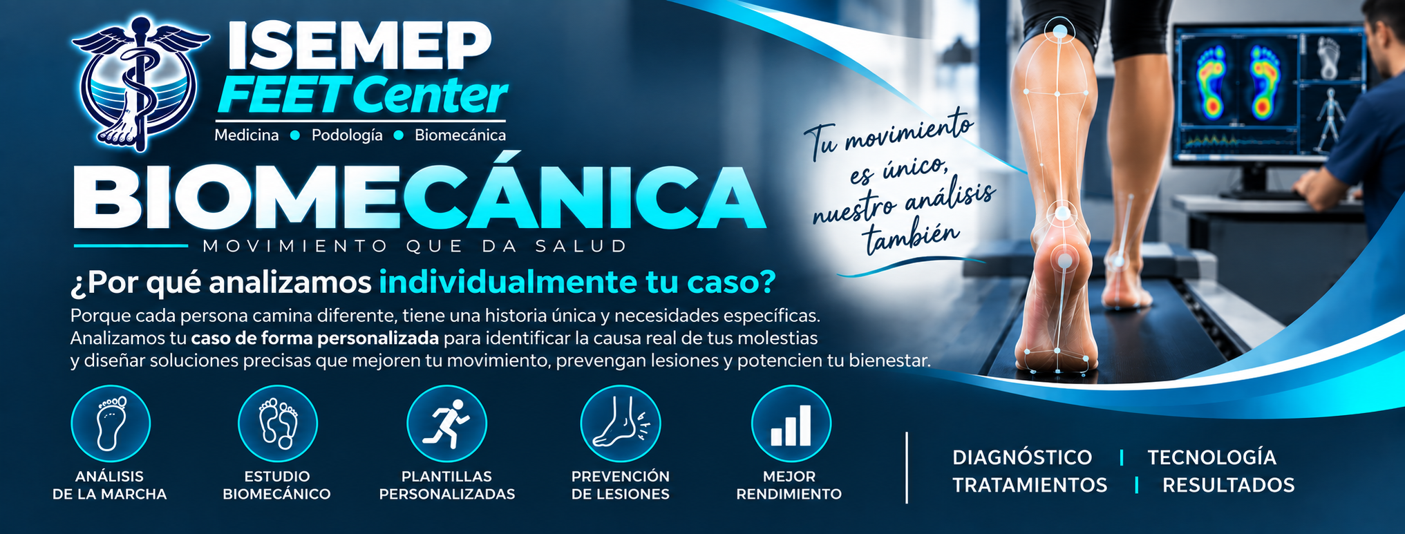 Banner de biomecánica de ISEMEP Feet Center con análisis de marcha