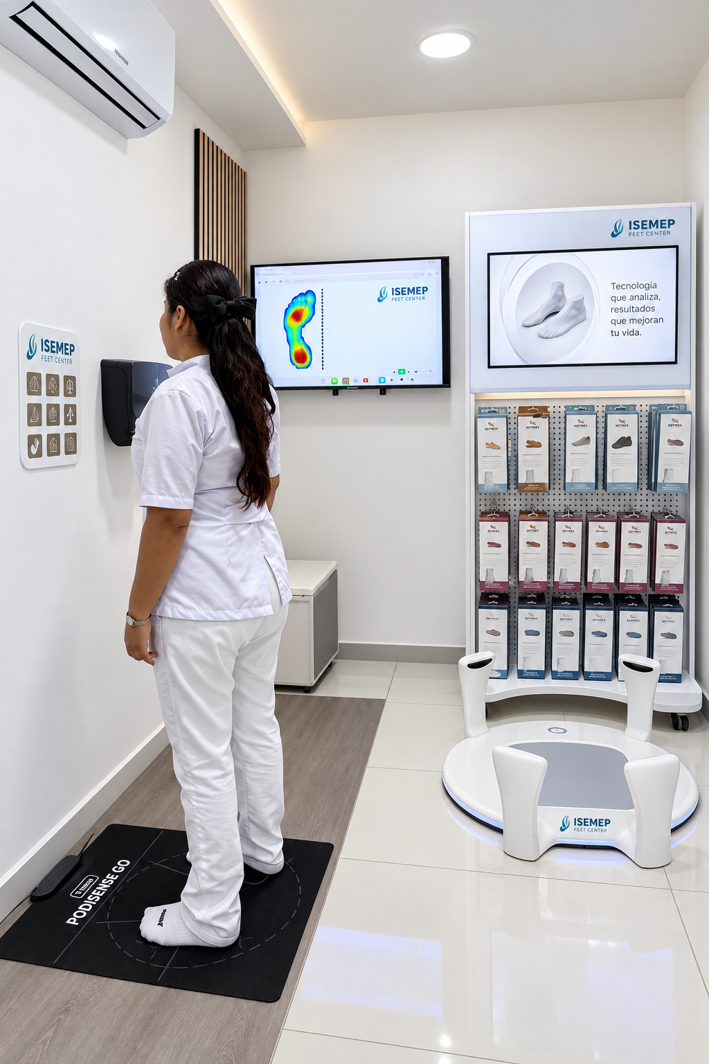 Profesional de ISEMEP Feet Center realizando un análisis de pisada con tecnología especializada